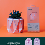 An 11cm coral POTR pot with a succulent next to its eco-friendly flat-pack packaging. Text highlights its origami structure, self-watering feature, and sustainable design. Two RHS Chelsea Flower Show awards are shown for 2024 and 2025.