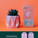 An 11cm coral POTR pot with a succulent next to its eco-friendly flat-pack packaging. Text highlights its origami structure, self-watering feature, and sustainable design. Two RHS Chelsea Flower Show awards are shown for 2024 and 2025.