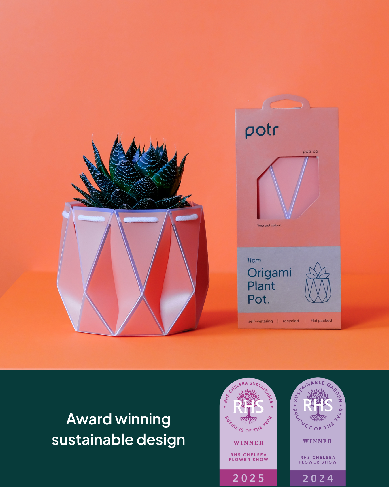 An 11cm coral POTR pot with a succulent next to its eco-friendly flat-pack packaging. Text highlights its origami structure, self-watering feature, and sustainable design. Two RHS Chelsea Flower Show awards are shown for 2024 and 2025.