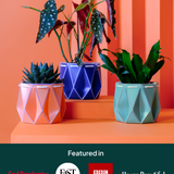 Three assembled POTR self-watering pots in coral, navy, and aqua blue, each holding a houseplant. They’re staged against a vibrant orange backdrop with logos of featured press outlets: Good Housekeeping, Fast Company, BBC News, and House Beautiful.