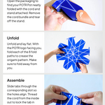 Step-by-step setup guide for assembling a POTR pot. Step 1: Open the flat-packed pot and remove the cord and stand. Step 2: Unfold the pot into a star-like shape. Step 3: Slide tabs into slots and thread the cord to secure the origami pot structure.
