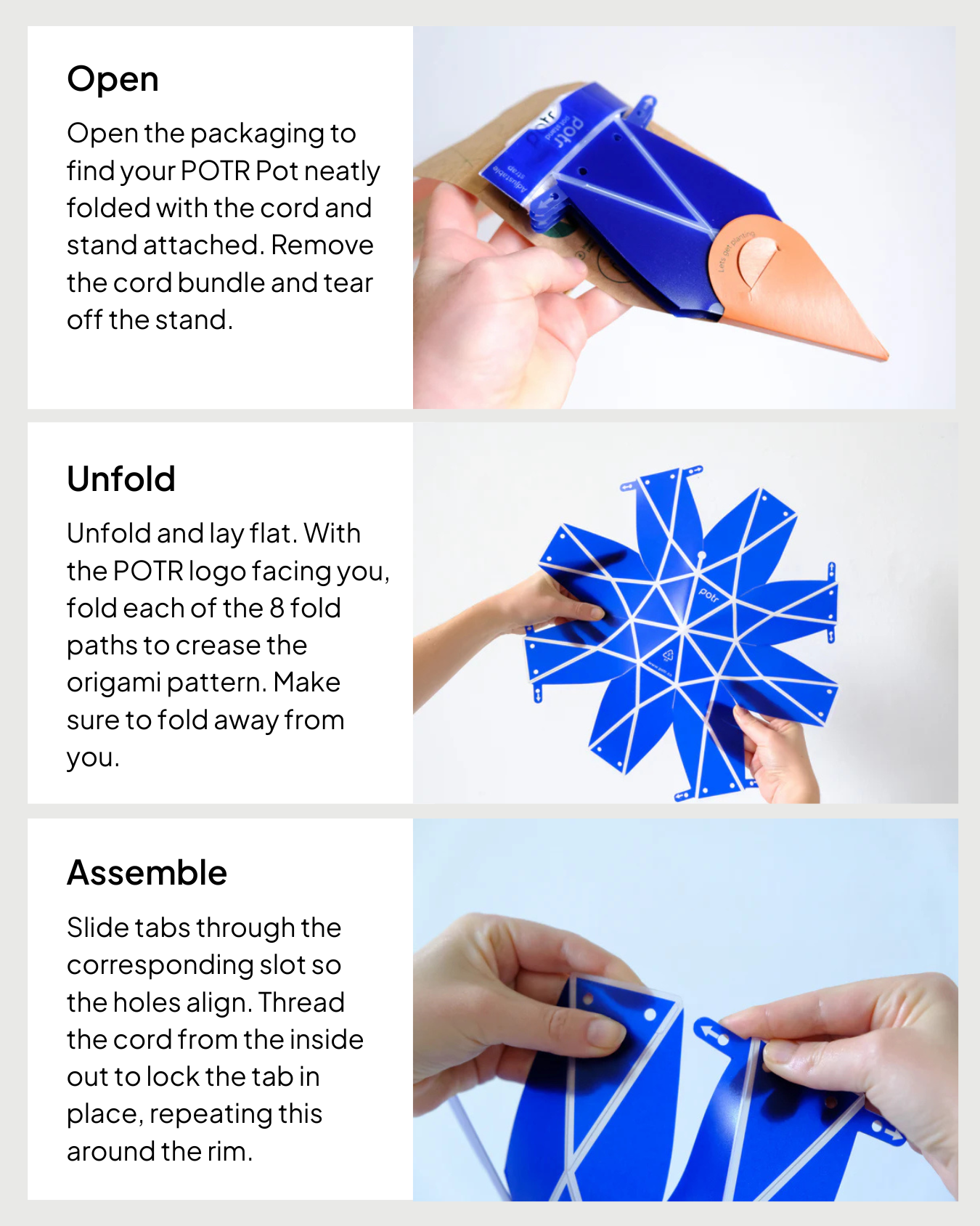 Step-by-step setup guide for assembling a POTR pot. Step 1: Open the flat-packed pot and remove the cord and stand. Step 2: Unfold the pot into a star-like shape. Step 3: Slide tabs into slots and thread the cord to secure the origami pot structure.