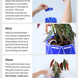 Step-by-step planting guide for POTR self-watering plant pots. Step 1: Adjust the stand and place the wicking cord. Step 2: Insert the potted plant while positioning the wick in the soil. Step 3: Pour water into the reservoir, ensuring the wick is wet for optimal watering.